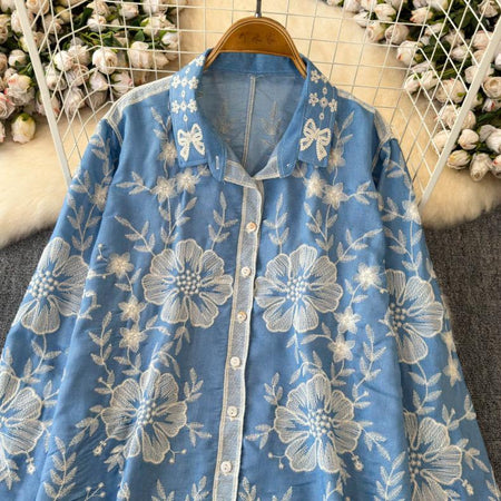 Siya Premium Embroidered Cotton Shirts In Blue - front shot on hanger - Miss Mosa By Akanksha