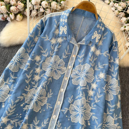 Siya Premium Embroidered Cotton Shirts In Blue - front shot on hanger - Miss Mosa By Akanksha