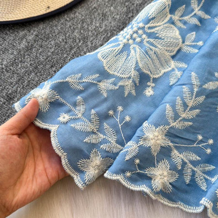 Siya Premium Embroidered Cotton Shirts In Blue - close-up of embroidered sleeve - Miss Mosa By Akanksha