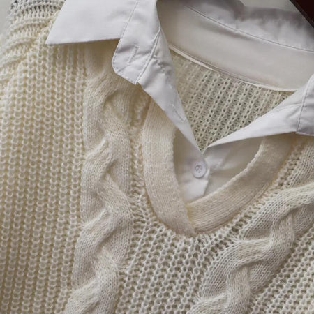 Siya Statement Tops with Attached Sweater - close-up of collar and cable detail, cream - Miss Mosa By Akanksha