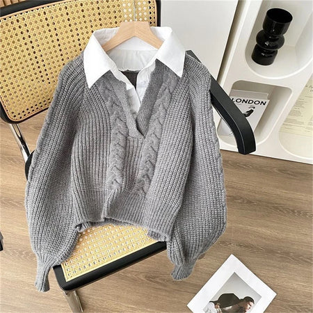 Siya Statement Tops with Attached Sweater - flat-lay shot on chair with belt, grey - Miss Mosa By Akanksha