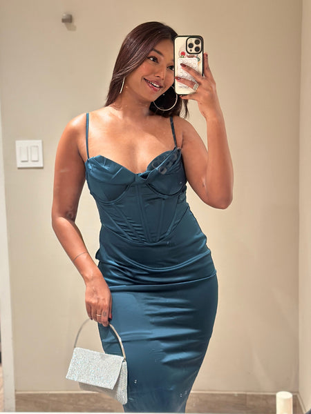 Sizzle Bodycon Corset Midi Dress in Green - lifestyle shot on model, teal - Miss Mosa By Akanksha