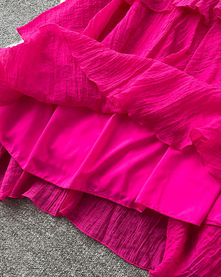 Sofia Ruffle Layer Maxi Dress - fabric detail shot, hot pink - Miss Mosa By Akanksha