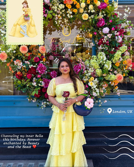 Sofia Ruffle Layer Maxi Dress - full-length front shot on model, pale lemon yellow - Miss Mosa By Akanksha