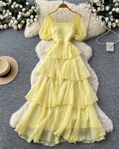 Sofia Ruffle Layer Maxi Dress - flat-lay shot, pale yellow - Miss Mosa By Akanksha