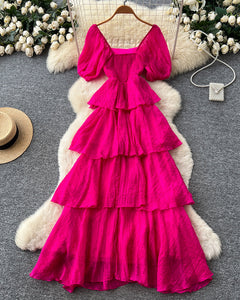 Sofia Ruffle Layer Maxi Dress - flat-lay shot, hot pink - Miss Mosa By Akanksha