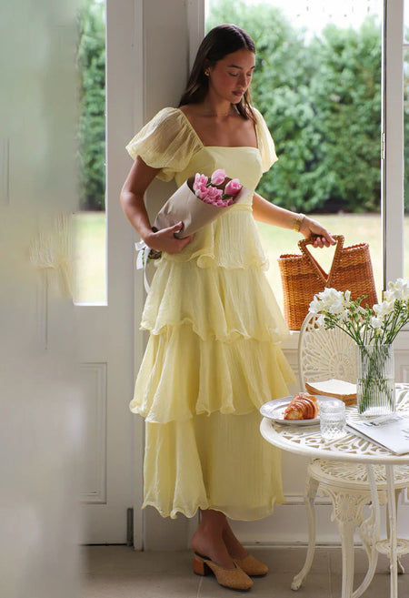 Sofia Ruffle Layer Maxi Dress - styled shot, pale yellow - Miss Mosa By Akanksha
