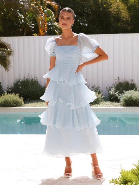 Sofia Ruffle Layer Maxi Dress - front shot, light blue - Miss Mosa By Akanksha
