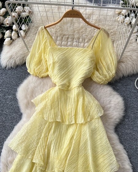 Sofia Ruffle Layer Maxi Dress - flat-lay shot, pale yellow - Miss Mosa By Akanksha