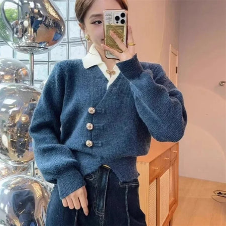 Sofia Statement Tops with Attached Sweater - front shot on model mirror selfie, navy - Miss Mosa By Akanksha