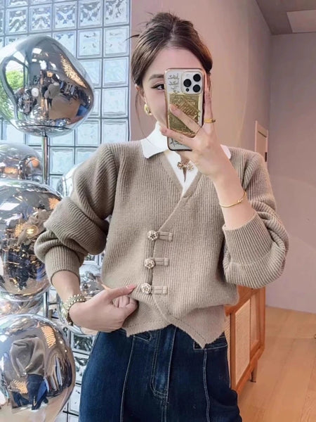 Sofia Statement Tops with Attached Sweater - front shot on model mirror selfie, khaki - Miss Mosa By Akanksha