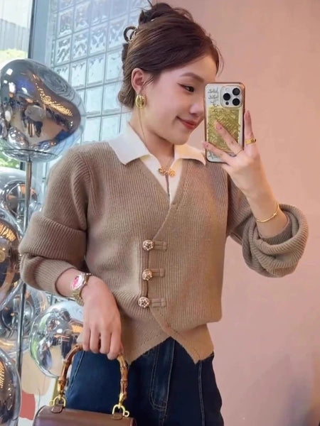 Sofia Statement Tops with Attached Sweater - front shot on model mirror selfie, khaki - Miss Mosa By Akanksha