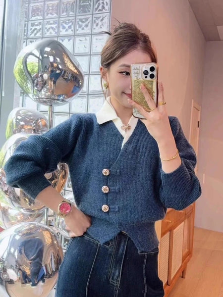 Sofia Statement Tops with Attached Sweater - front shot on model mirror selfie, navy - Miss Mosa By Akanksha