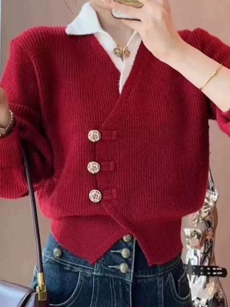 Sofia Statement Tops with Attached Sweater - close-up of button placket, red - Miss Mosa By Akanksha