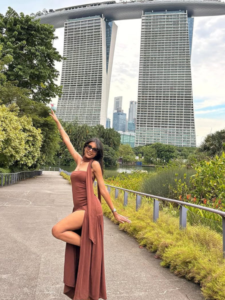 Sofiya Offshoulder Slit Maxi Dress With Scarf In Dark Brown - full-length shot on model - Miss Mosa By Akanksha