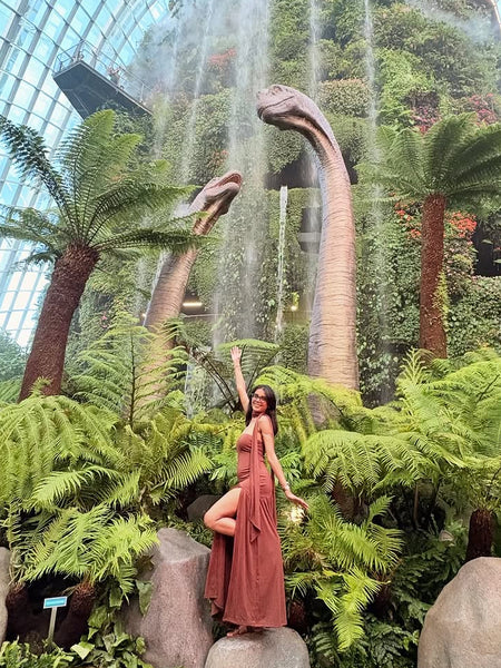 Sofiya Offshoulder Slit Maxi Dress With Scarf In Dark Brown - full-length shot on model - Miss Mosa By Akanksha
