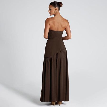 Sofiya Offshoulder Slit Maxi Dress With Scarf In Dark Brown - back shot on model - Miss Mosa By Akanksha