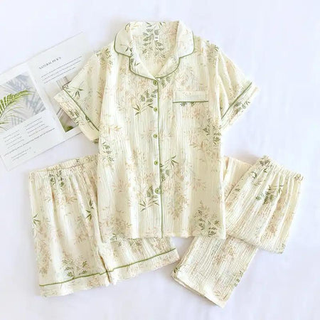 Soko Floral Cotton Nightsuit Set of 3 In Off-White - flat-lay product shot of the three-piece nightsuit set - Miss Mosa By Akanksha