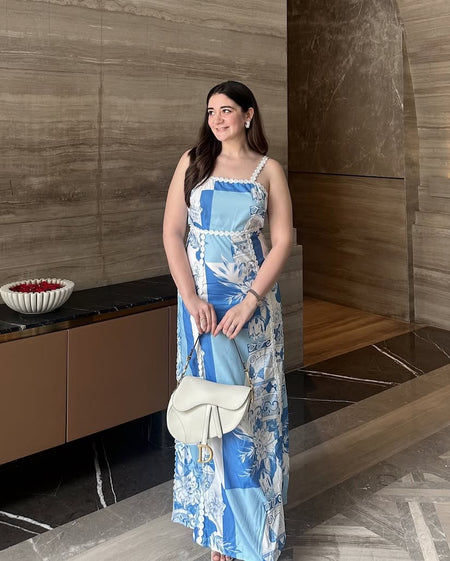 Solara Statement Summer Maxi Dress In Blue - front shot on model - Miss Mosa By Akanksha