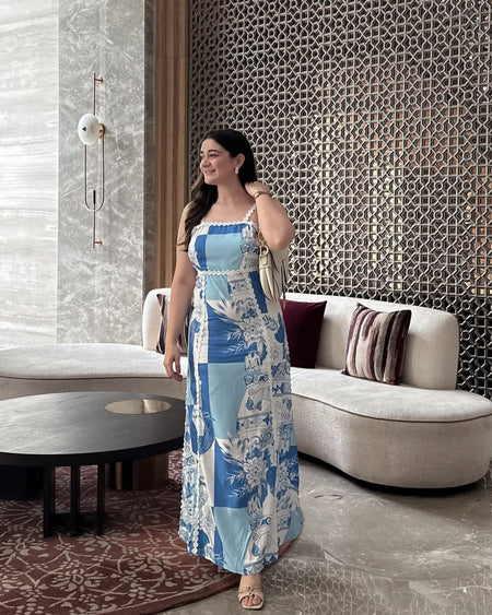 Solara Statement Summer Maxi Dress In Blue - front shot on model - Miss Mosa By Akanksha