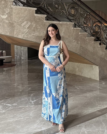 Solara Statement Summer Maxi Dress In Blue - front shot on model - Miss Mosa By Akanksha