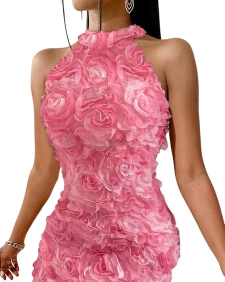 Soledo 3D Floral Dress in Pink - close-up of rosette bodice, pink - Miss Mosa By Akanksha