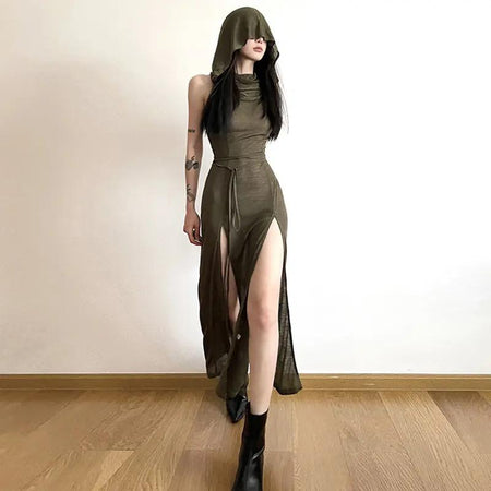 Solene Statement Dress in Olive - full-length front shot on model with hood - Miss Mosa By Akanksha