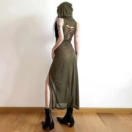Solene Statement Dress in Olive - full-length back shot on model with hood - Miss Mosa By Akanksha
