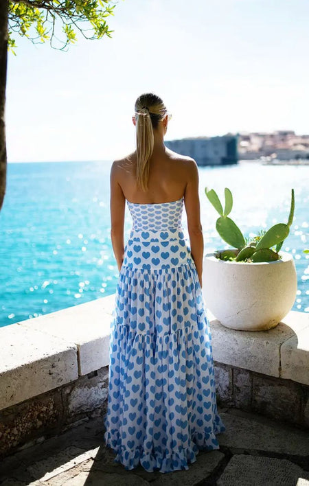 Soley Swimsuit With Sarong Skirt In Blue - back shot on model - Miss Mosa By Akanksha