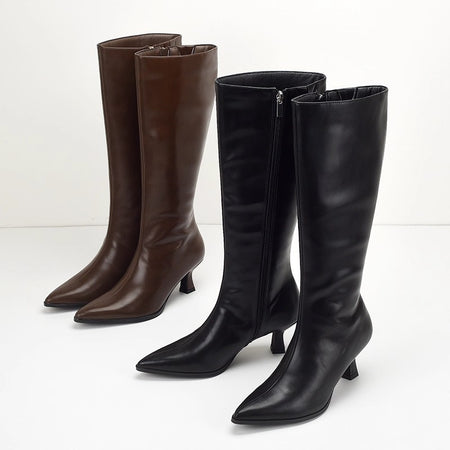 Solia Knee High Pointed Boots - styled pair shot, dark brown and black - Miss Mosa By Akanksha