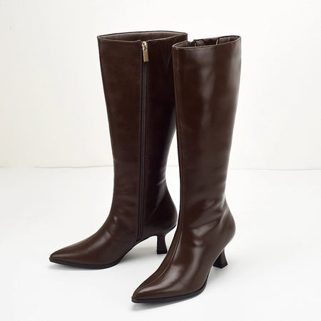 Solia Knee High Pointed Boots - three-quarter pair shot, dark brown - Miss Mosa By Akanksha