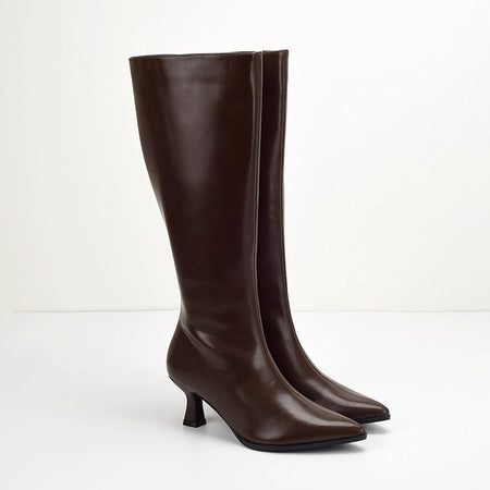 Solia Knee High Pointed Boots - side shot, dark brown - Miss Mosa By Akanksha