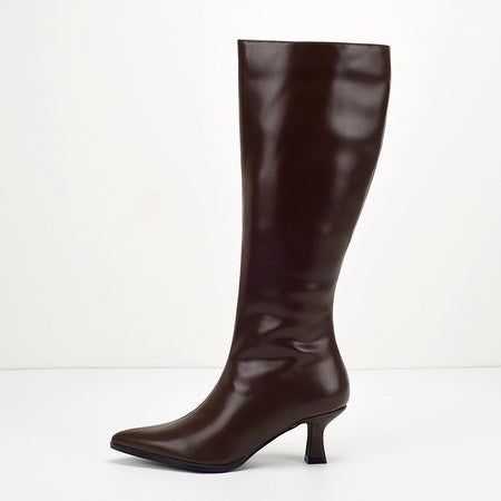 Solia Knee High Pointed Boots - front shot, dark brown - Miss Mosa By Akanksha