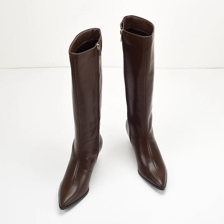 Solia Knee High Pointed Boots - front shot, dark brown - Miss Mosa By Akanksha