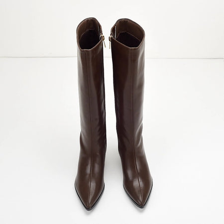 Solia Knee High Pointed Boots - three-quarter pair shot, black - Miss Mosa By Akanksha