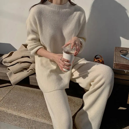 Solie Statement Winter Coord Set- Tracksuit - styling shot on model seated, cream - Miss Mosa By Akanksha