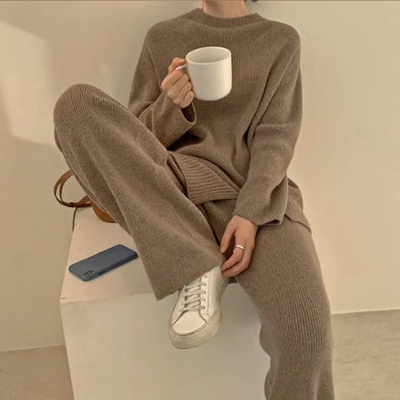 Solie Statement Winter Coord Set- Tracksuit - styling shot on model seated, brown - Miss Mosa By Akanksha