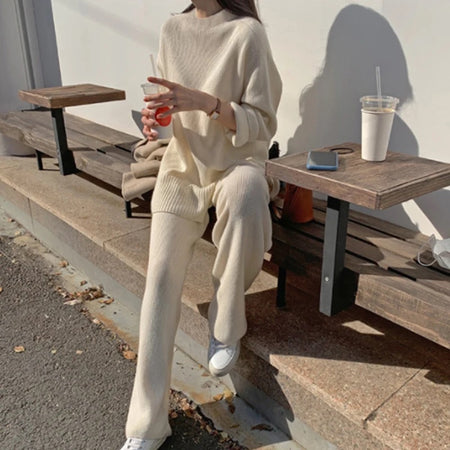 Solie Statement Winter Coord Set- Tracksuit - styling shot on model seated outdoors, cream - Miss Mosa By Akanksha