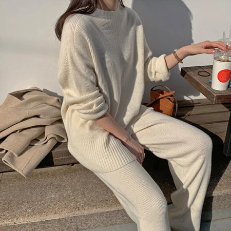 Solie Statement Winter Coord Set- Tracksuit - styling shot on model seated outdoors, cream - Miss Mosa By Akanksha