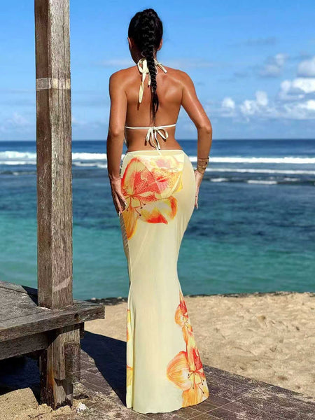 Soline 3 Pcs Swimsuit With Skirt - back shot, yellow with orange floral print - Miss Mosa By Akanksha