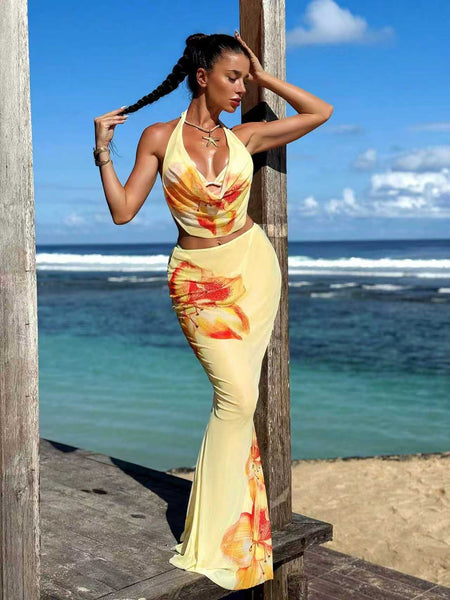 Soline 3 Pcs Swimsuit With Skirt - full-length shot, yellow with orange floral print - Miss Mosa By Akanksha