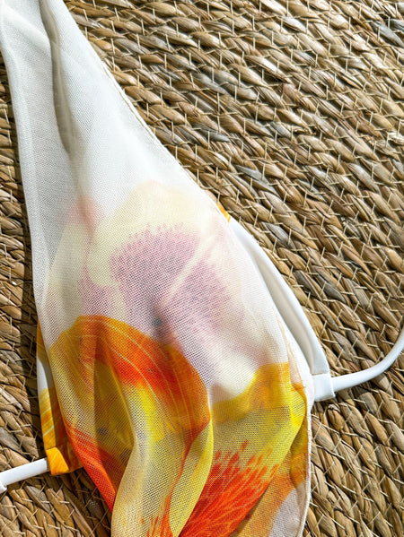 Soline 3 Pcs Swimsuit With Skirt - fabric detail shot, white with orange floral print - Miss Mosa By Akanksha