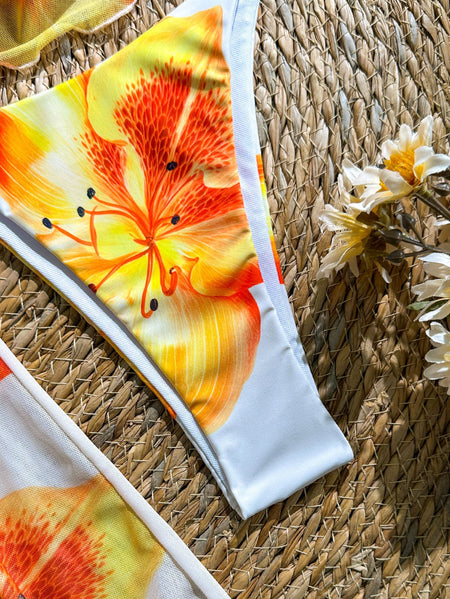 Soline 3 Pcs Swimsuit With Skirt - fabric detail shot, white with orange floral print - Miss Mosa By Akanksha