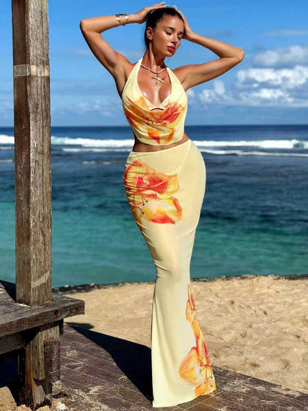 Soline 3 Pcs Swimsuit With Skirt - full-length shot, yellow with orange floral print - Miss Mosa By Akanksha