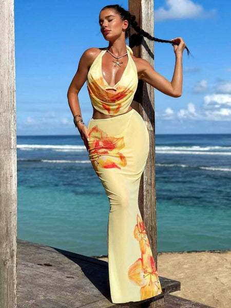 Soline 3 Pcs Swimsuit With Skirt - full-length shot, yellow with orange floral print - Miss Mosa By Akanksha
