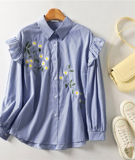 Solly Statement Floral Shirt In Blue - flat-lay front product shot of striped floral shirt on hanger - Miss Mosa By Akanksha