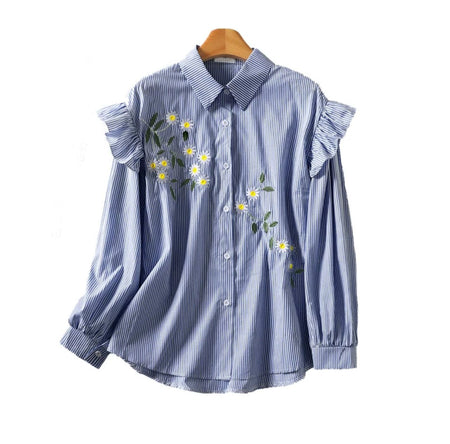 Solly Statement Floral Shirt In Blue - flat-lay front product shot of striped floral shirt on hanger - Miss Mosa By Akanksha