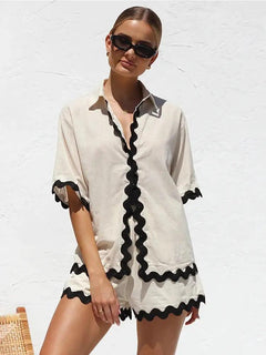 Somberset Summer 2 Pc Coord Set - front shot on model, beige and black - Miss Mosa By Akanksha