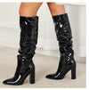Sophie Knee High Block Leather Boots - front shot on model, black - Miss Mosa By Akanksha