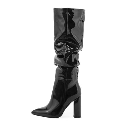 Sophie Knee High Block Leather Boots - side shot product shot, black - Miss Mosa By Akanksha